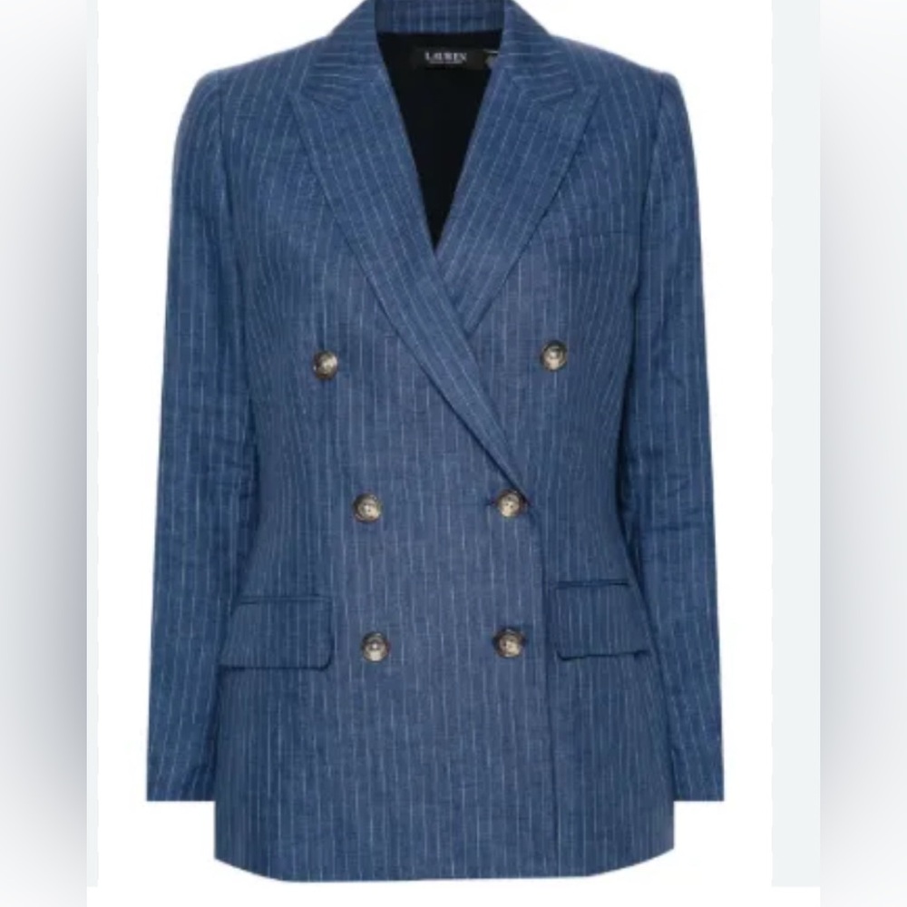 NWT Polo Ralph Lauren Women’s Plus Pinstriped Blazer Navy Bottom Front 16 W